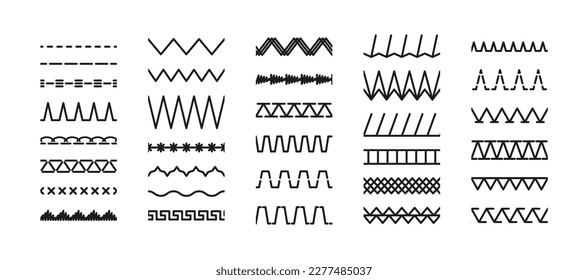 Seamless sewing stitches collection. Set of machine thread sew brushes. Overlock embroidery seams. Simple zigzag elements vector illustration. Line border isolated on white background.