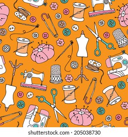 Seamless sewing supplies and sewing machine diy supply illustration background pattern in vector