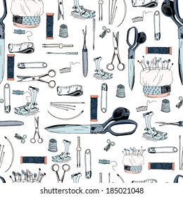 Seamless sewing tools pattern on white background