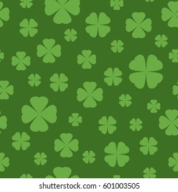 Seamless Shamrock background with bright green blades of grass on deep green background. St Patrick day vector illustration. Irish flat clover.