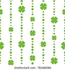 Seamless shamrock background with  green beads of dots and shamrock on white background. St Patrick day vector illustration. Irish flat clover.