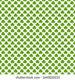 Seamless shamrock background with  green clover leaves on white background. St Patrick day vector illustration. Irish flat clover.