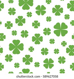 Seamless Shamrock background with green leaves on white background. St Patrick day vector illustration. Irish flat clover.