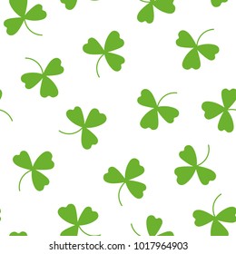 Seamless Shamrock background with white green of grass on white background. St Patrick day vector illustration. Irish hand drawn clover.  