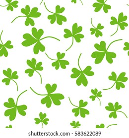 Seamless Shamrock background with white green of grass on white background. St Patrick day vector illustration. Irish hand drawn clover.  