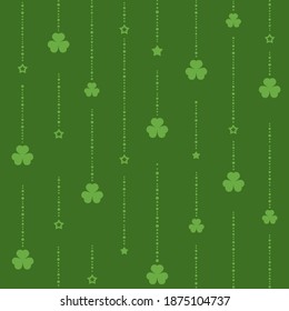 Seamless shamrock ornament with green beads of dots and clover leaves on dark green background. St Patrick day vector pattern. Irish clover wallpaper.