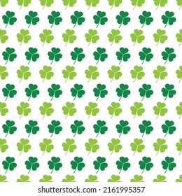 Seamless shamrock pattern on St. Patrick's Day. Light background of green clover leaves. St. Patrick's background. Vector template for fabric, textiles, wallpaper, wrapping paper, etc.