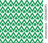Seamless shamrock pattern.Green three clover leaf in white rhombus square repeat pattern  isolated on green background.St Patrick day icon symbol background.Vector graphic illustration.