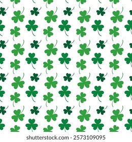 Seamless shamrock pattern.Green three clover leaf repeat pattern isolated on white background.St Patrick day icon symbol background.Vector graphic illustration.