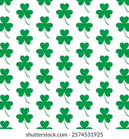 Seamless shamrock pattern.Green three clover leaf repeat pattern isolated on white background.St Patrick day icon symbol background.Vector graphic illustration.