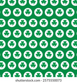 Seamless shamrock pattern.Green three clover leaf in white circle repeat pattern  isolated on green background.St Patrick day icon symbol background.Vector graphic illustration.