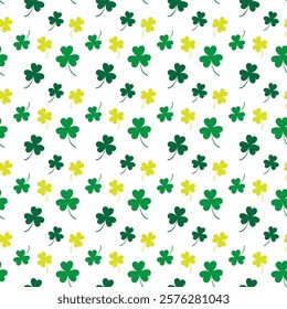 Seamless shamrock pattern.Green three clover leaf repeat pattern isolated on white background.St Patrick day icon symbol background.Vector graphic illustration.