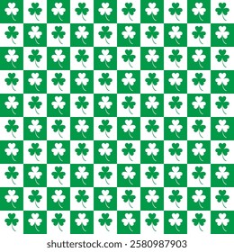 Seamless shamrock pattern.Green three clover leaf in square block repeat pattern.St Patrick day icon symbol background.Vector graphic illustration.