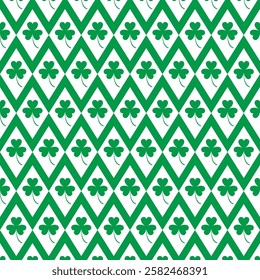 Seamless shamrock pattern.Green three clover leaf in white rhombus square repeat pattern  isolated on green background.St Patrick day icon symbol background.Vector graphic illustration.