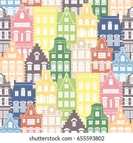 Seamless shapes pattern of Holland old houses facades. Traditional architecture of Netherlands. Colorful illustration in the Dutch style.