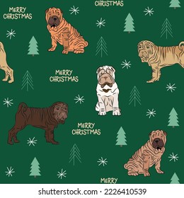 Seamless Shar Pei dog pattern, holiday texture. Square format, t-shirt, poster, packaging, textile, textile, fabric, decoration, wrapping paper. Trendy hand-drawn dogs wallpaper. Holiday background.