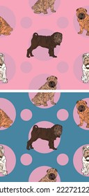 Seamless Shar Pei dog pattern, holiday texture. Square format. Pink, blue packaging, textile, fabric, decoration, wrapping paper.Trendy hand-drawn dogs wallpaper. Holiday background with circles.