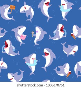 Nahtlose Haimuster, süßes Unterwassertier, lustiger Seefisch, hellblaue Tapete, Design, Cartoon-Stil, Vektorgrafik. Meeresmodehintergrund, Sommer mit wild lebenden Tieren, Süßwasserleben.