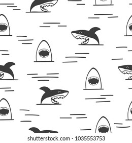 Seamless sharks pattern. Shark attack, black and white vector illustration.