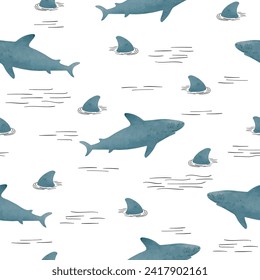 Seamless sharks and shark fins pattern. Vector sea background