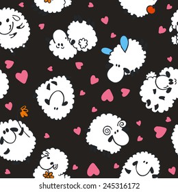 Seamless sheep cartoon pattern  on black background.