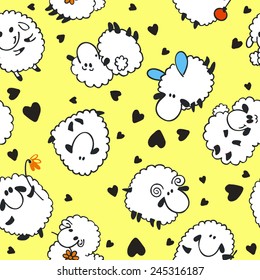Seamless sheep cartoon pattern  on yellow background.
