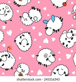 Seamless sheep cartoon pattern  on pink background.