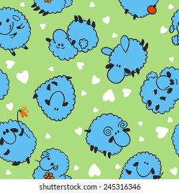 Seamless sheep cartoon pattern  on green background.