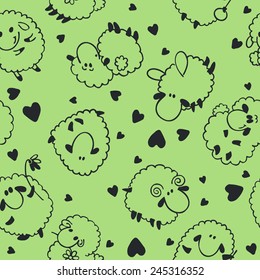 Seamless sheep cartoon pattern  on green background.