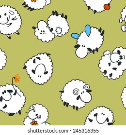 Seamless sheep cartoon pattern  on green background.