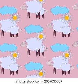 Patrón de ovejas, flores y nubes sin foco. Ilustración vectorial. Niños de dibujos animados de fondo. Impresión de tejido.