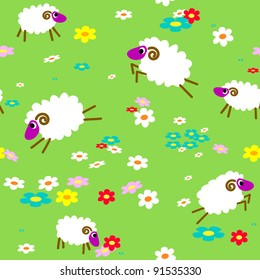 Seamless with sheep in meadow