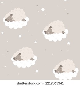 Seamless sheep pattern with clouds and stars. Cute cartoon collection with lamb icons for children good night textile print, repeat clothing