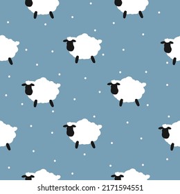 Seamless Sheep Pattern. Cute White  Sheep  And Dots. Blue  Background. The Print Is Suitable For Textiles And Wallpaper.