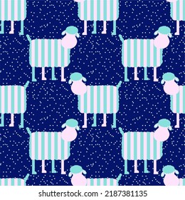 Seamless sheep pattern with polka gots, vector illustration of cute sheeps, cartoon style.  Vintage ornament for wallpaper, printing on the packaging paper, textiles.