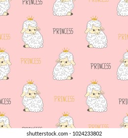 Seamless sheep princess pattern. Vector background with lambs. Baby pink print.