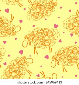 Seamless sheeps pattern on yellow background