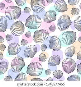 Seamless shell pattern. Vector Illustration of hand drawn seashells in doodle style. Beach design.