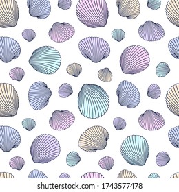 Seamless shell pattern. Vector Illustration of hand drawn seashells in doodle style. Beach design.