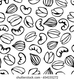 Seamless with Shelled Pistachio, Almond and Cashew Nuts. Food Pattern. Isolated On a White Background Doodle Cartoon Hand Drawn Sketch Vector Illustration.