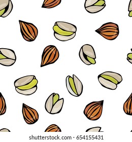 Seamless with Shelled Pistachio and Almond Nuts. Food Pattern. Isolated On a White Background Doodle Cartoon Hand Drawn Sketch Vector Illustration.