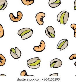 Seamless with Shelled Pistachio and Cashew Nuts. Food Pattern. Isolated On a White Background Doodle Cartoon Hand Drawn Sketch Vector Illustration.