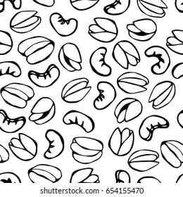 Seamless with Shelled Pistachio and Cashew Nuts. Food Pattern. Isolated On a White Background Doodle Cartoon Hand Drawn Sketch Vector Illustration.