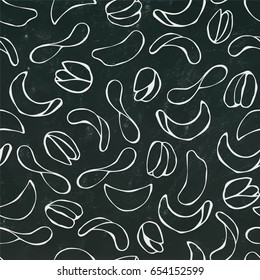 Seamless with Shelled Pistachio Nuts and Potato Chips. Snack Pattern. Isolated on a Black Chalkboard Background. Doodle Cartoon Hand Drawn Sketch Vector Illustration.