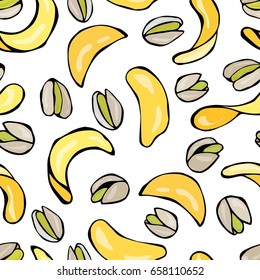 Seamless with Shelled Pistachio Nuts and Potato Chips. Snack Pattern. Isolated On a White Background Doodle Cartoon Hand Drawn Sketch Vector Illustration.