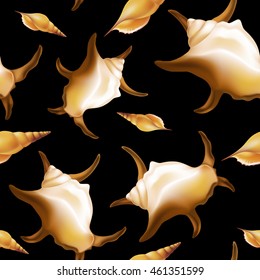 Seamless with shells on black background. Vector illustration.