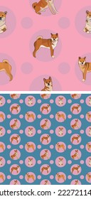 Patrón de perro chiba inu sin foco, textura de vacaciones. Formato cuadrado. Empaque rosa, azul, textil, tejido, decoración, papel envolvente.Papel tapizado para perros dibujados a mano. Fondo de vacaciones con círculos.