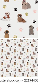 Seamless Shih Tzu dog pattern, holiday texture. Square format, t-shirt, poster, packaging, textile, socks, textile, fabric, decoration, wrapping paper. Trendy hand-drawn Hsi Shih dog wallpaper.