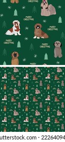 Seamless Shih Tzu dog pattern, holiday texture. Square format, t-shirt, poster, packaging, textile, textile, fabric, decoration, wrapping paper. Trendy hand-drawn dogs wallpaper. Holiday background.