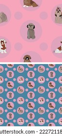 Seamless Shih Tzu dog pattern, holiday texture. Square format. Pink, blue packaging, textile, fabric, decoration, wrapping paper.Trendy hand-drawn dogs wallpaper. Holiday background with circles.